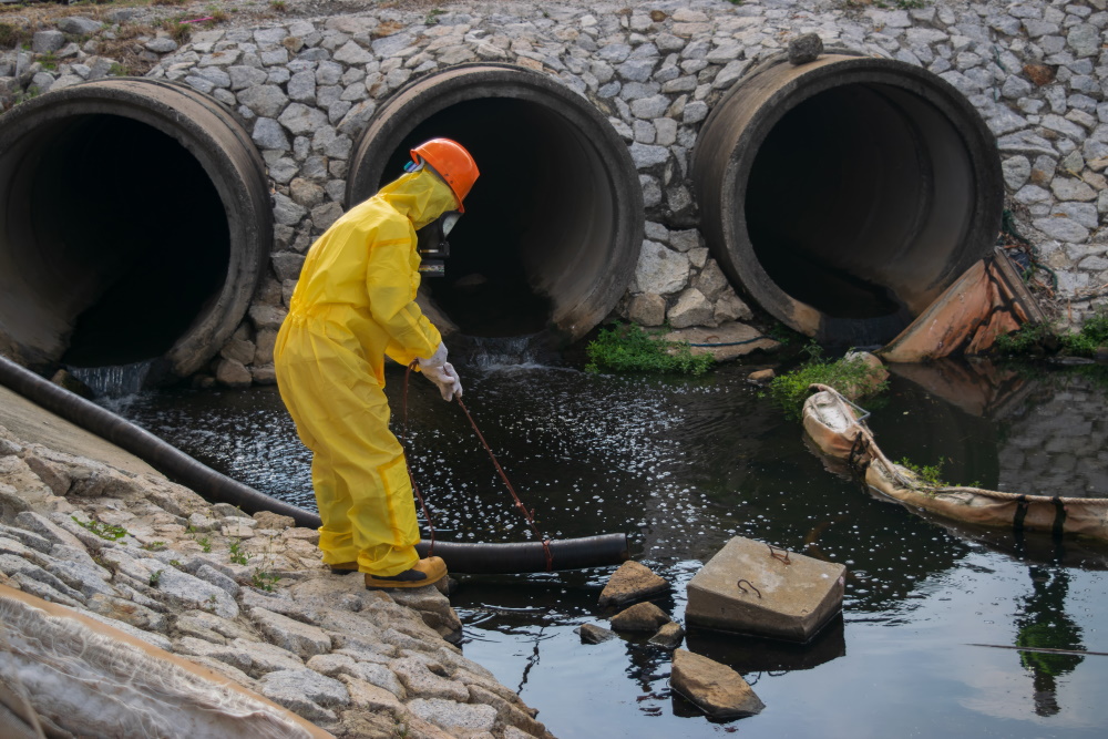 Environmental workers taking samples from water